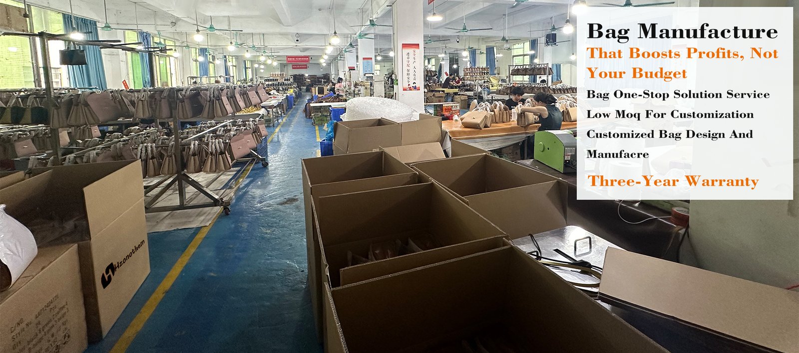 Bag manufacturing workshop in Guangzhou with production lines and packing stations