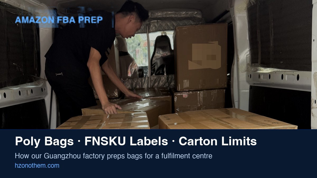 Amazon FBA bag packaging: worker loading sealed export cartons into the van at our Guangzhou bag factory