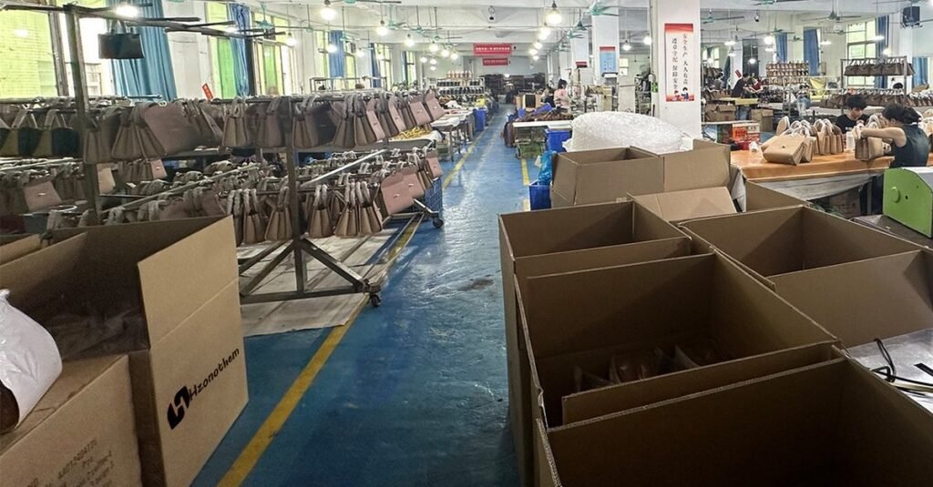 Bag packaging and labelling at our Guangzhou factory - export cartons ready for shipment